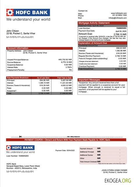 Modèle Word et PDF de relevé hypothécaire de la banque HDFC en Inde